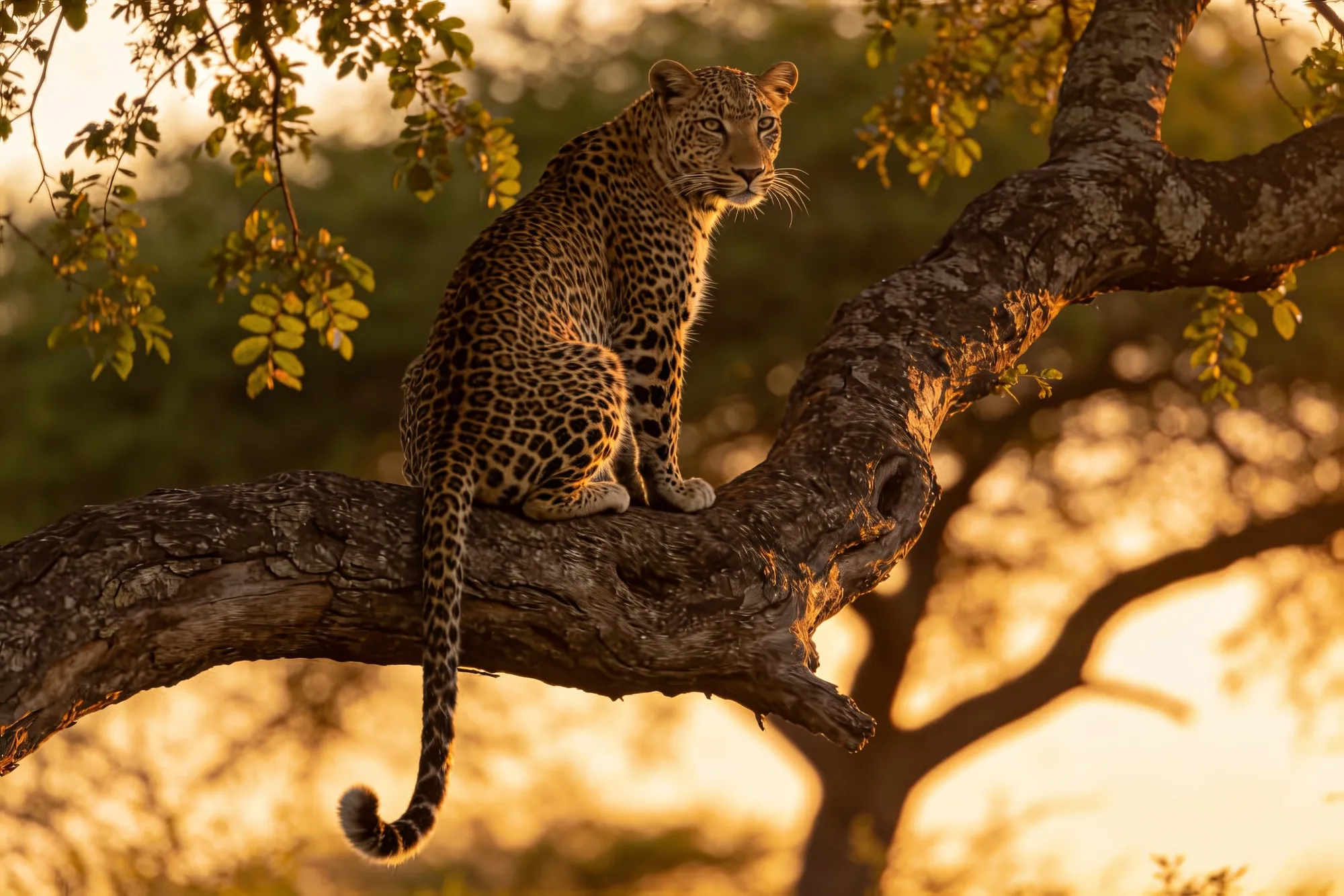Photo: A leopard in a tree at dusk