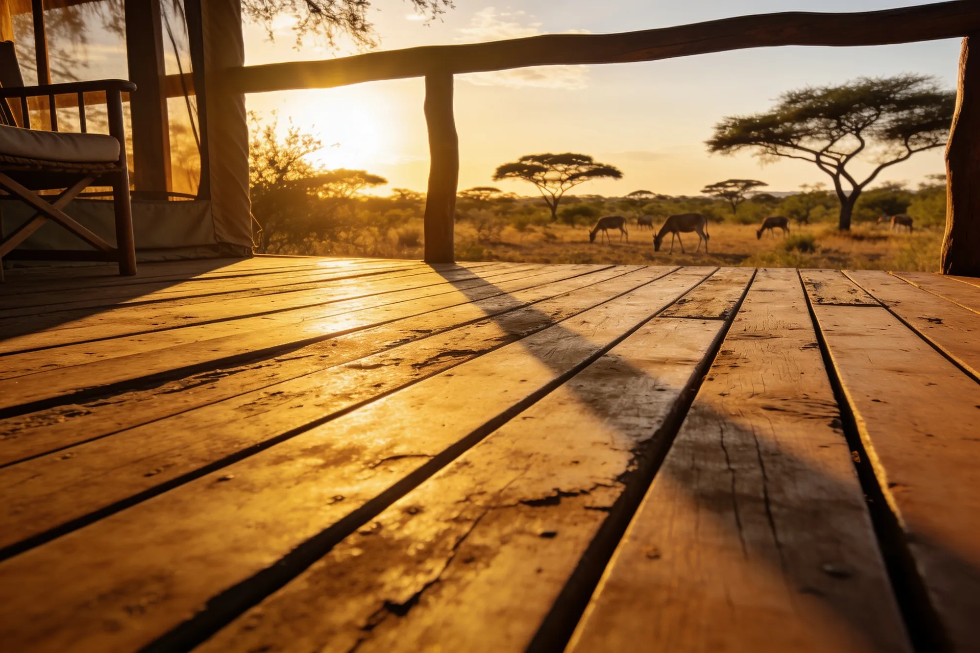 Photo: A bush lodge deck at sunset