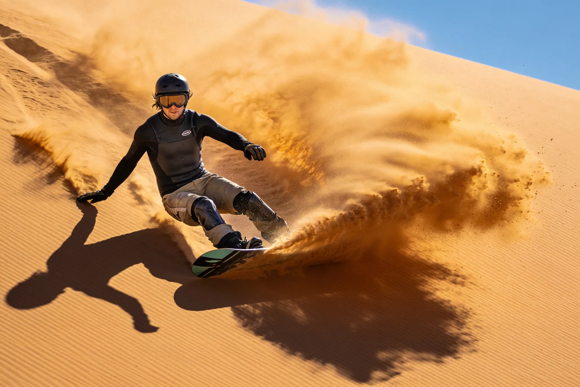 Photo: A sandboarder mid-run