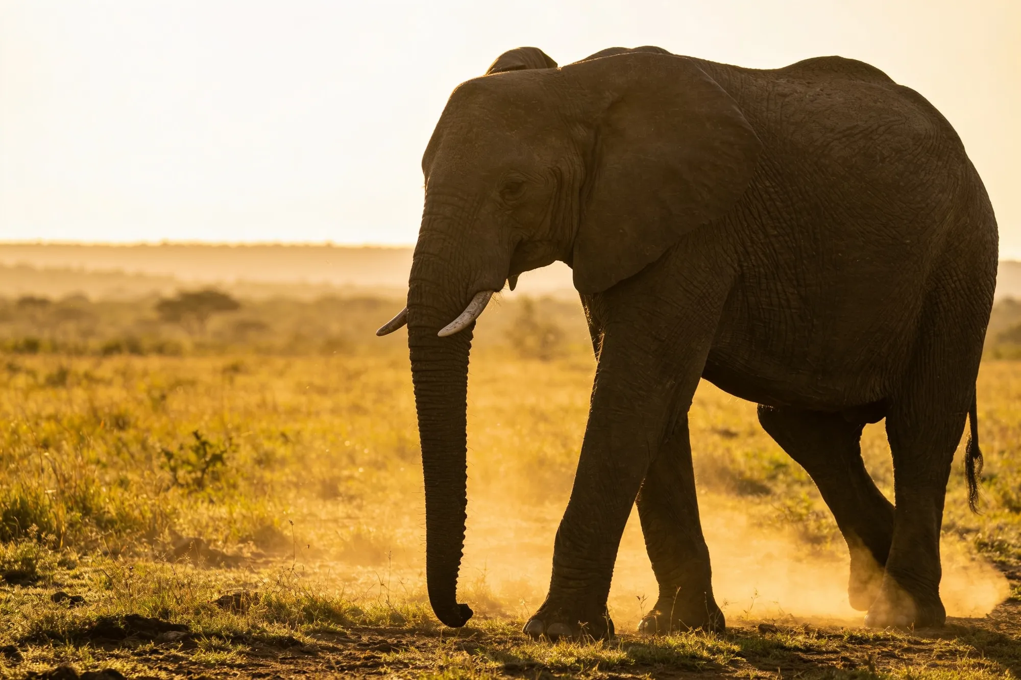 An elephant in the Kruger at sunrise, with the bushveld stretching to the horizon