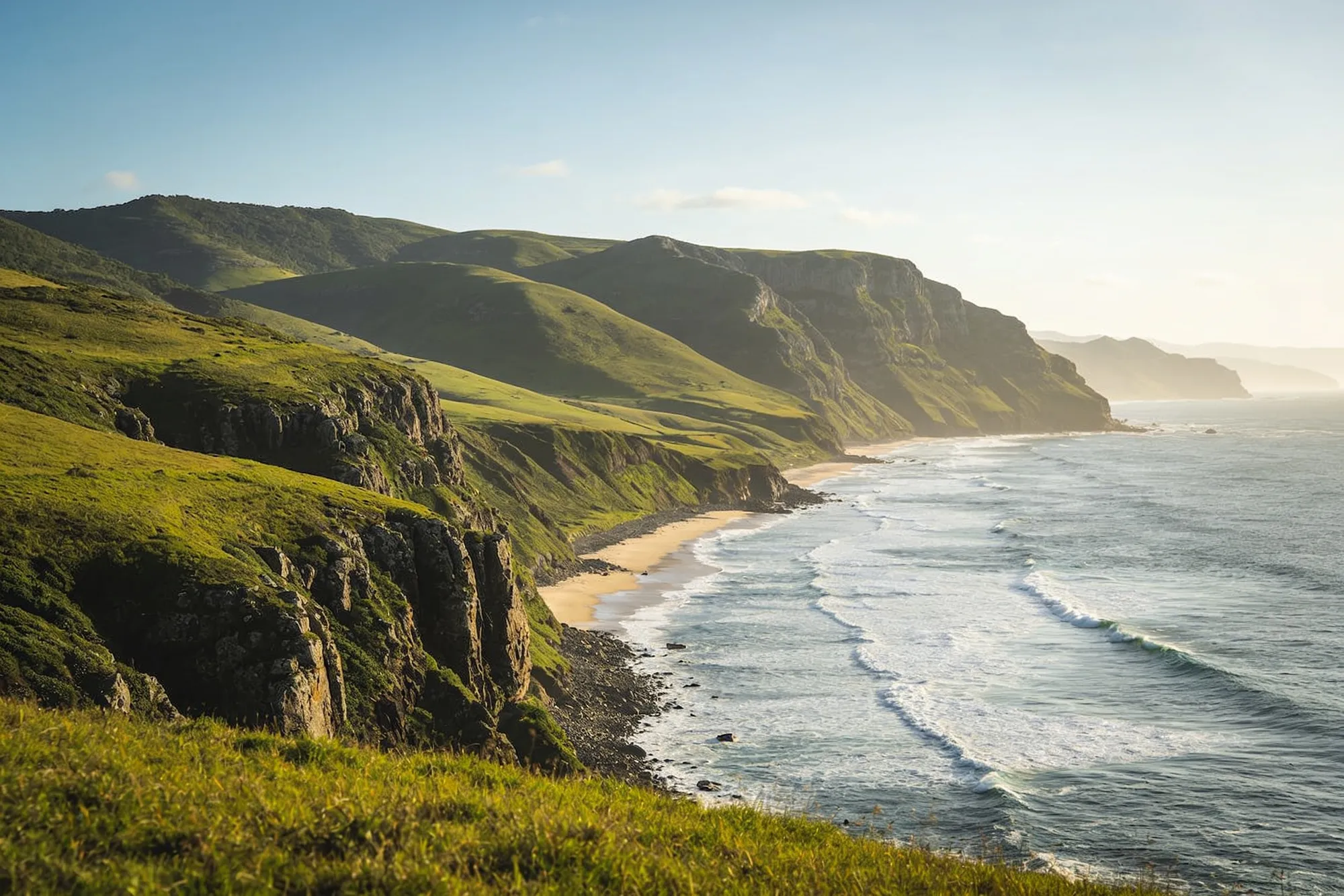 The cliffs and green hills of the Wild Coast meeting the Indian Ocean near Coffee Bay