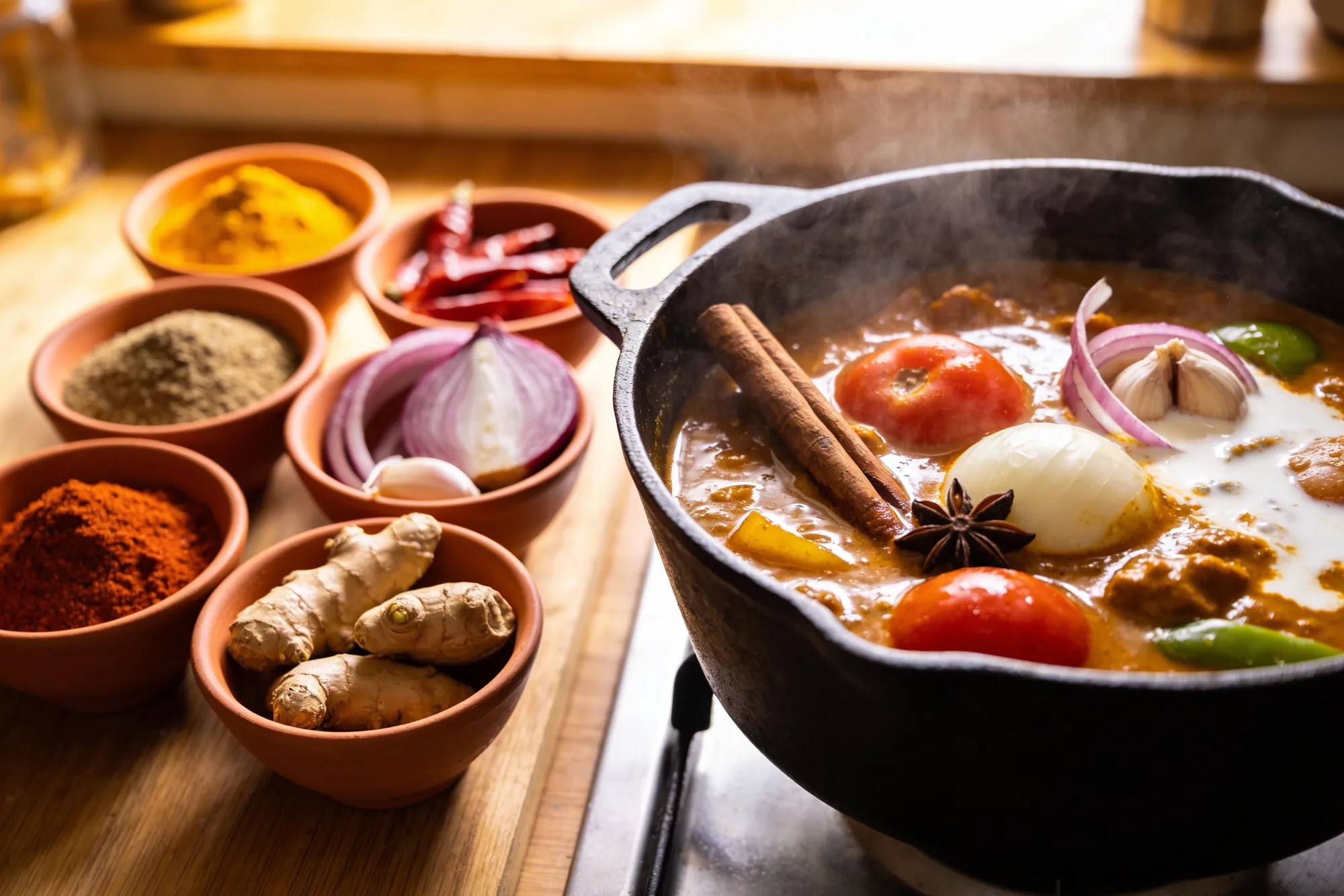 Foto — Especias y un curry en una cocina malaya del Cabo