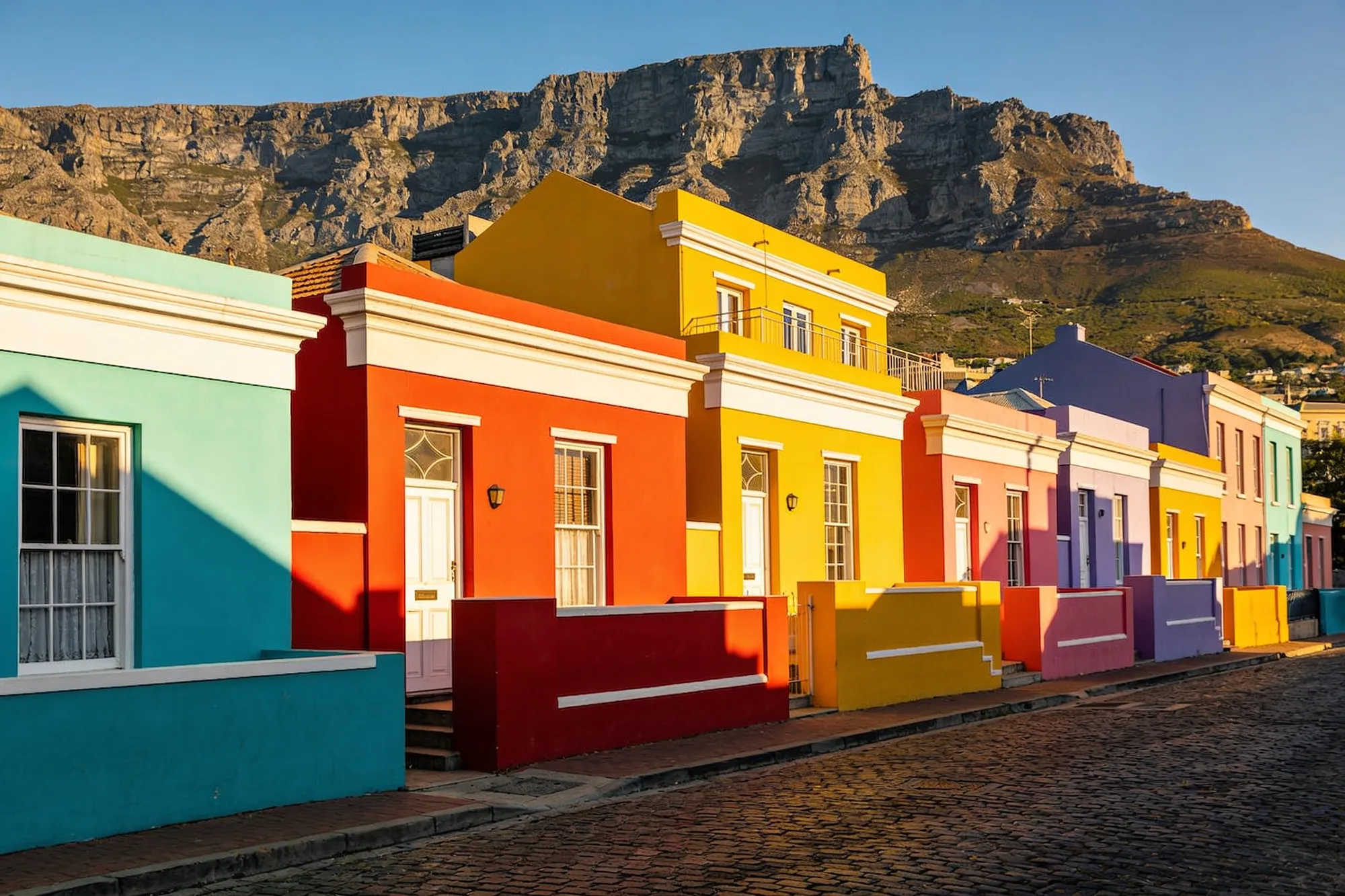 Foto — Una hilera de casas pintadas con la Montaña de la Mesa al fondo