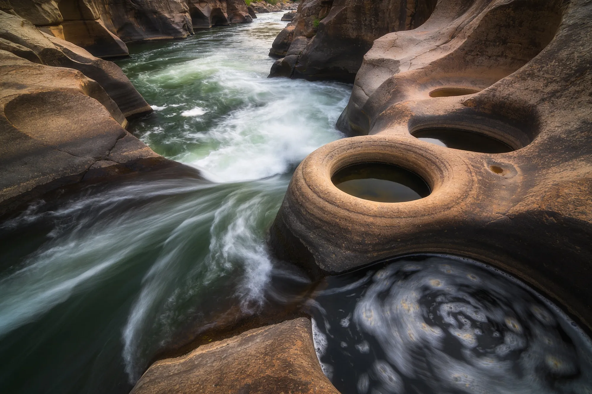 Cylindrical rock potholes carved at the meeting of two rivers on the Panorama Route