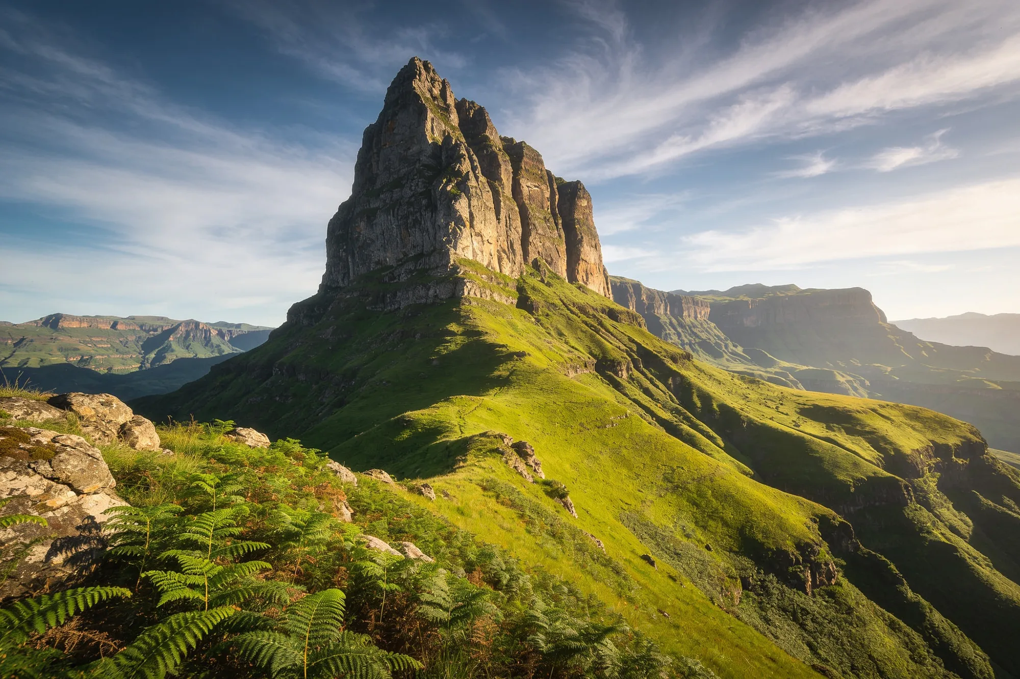 The free-standing summit of Cathedral Peak above the central Drakensberg