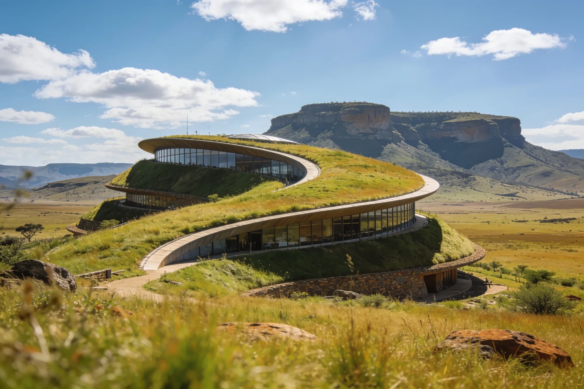 The grassland of the Cradle of Humankind with the Maropeng Tumulus building