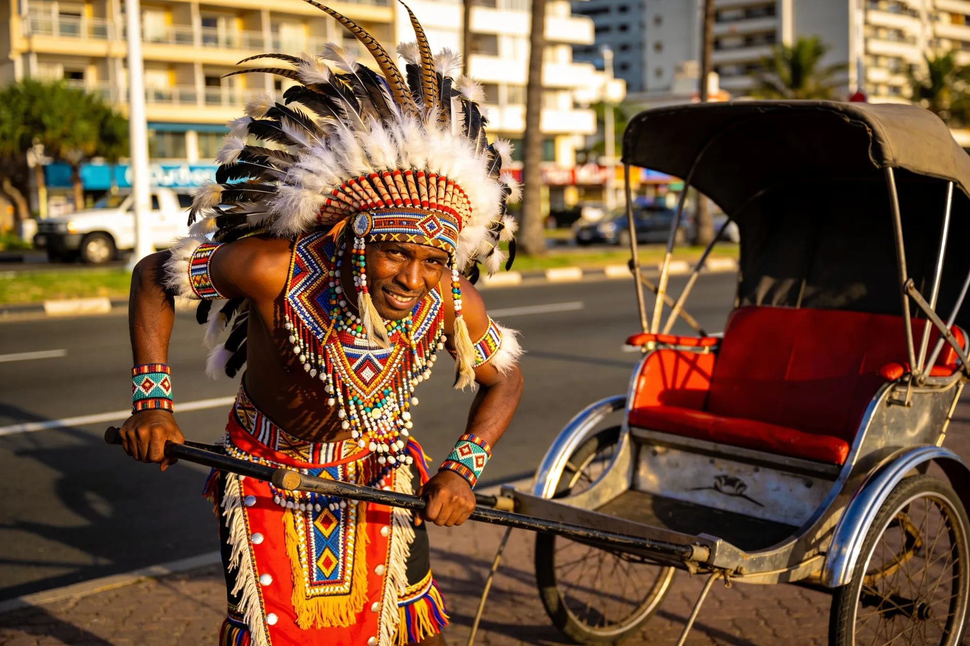 Photo — A Zulu rickshaw puller in full dress