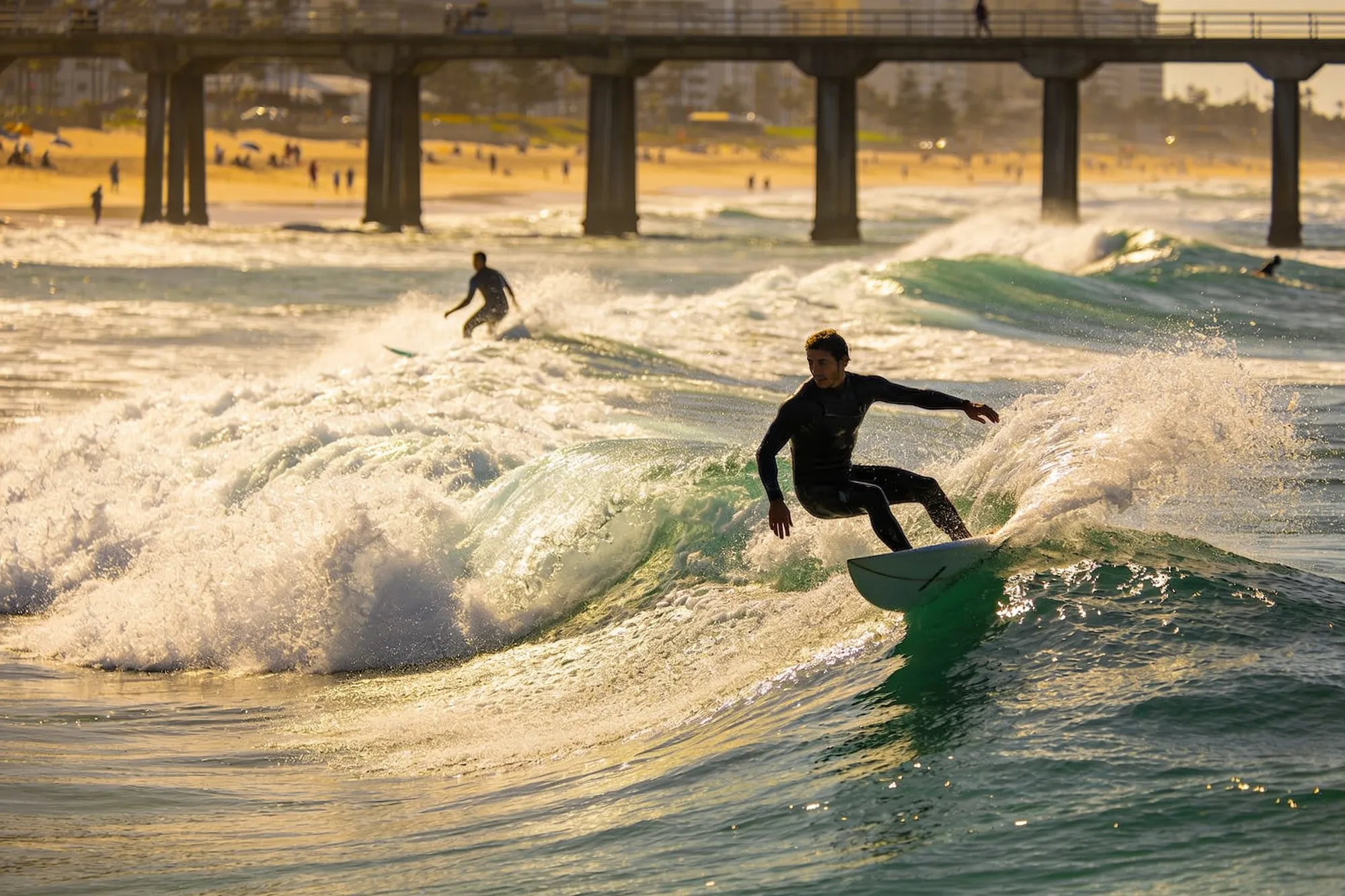 Photo — Surfers off the piers