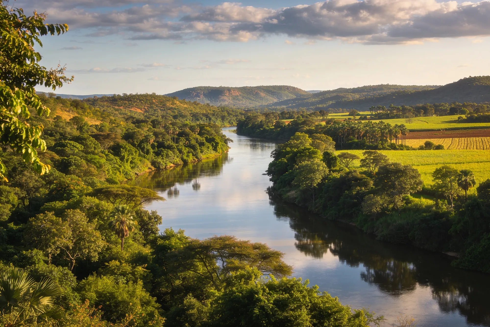 The Sabie River winding through subtropical farmland near Hazyview