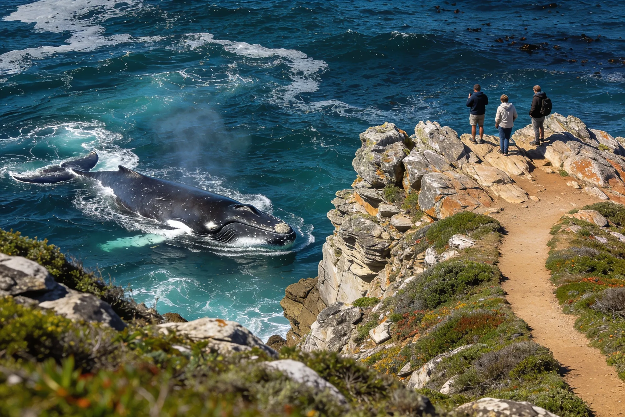 A southern right whale close to the cliff path at Hermanus above Walker Bay