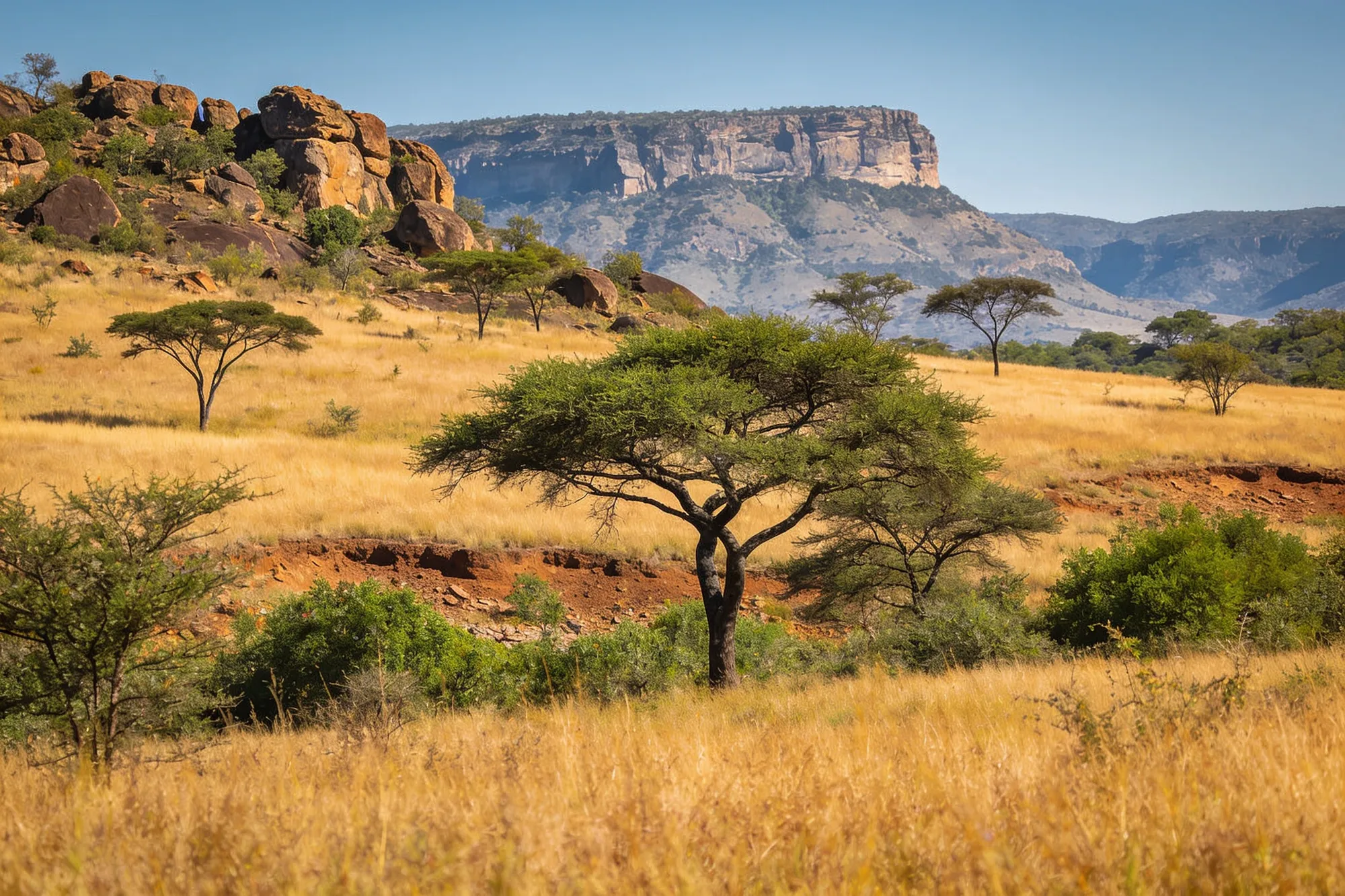 Bushveld and distant Drakensberg escarpment seen from near Hoedspruit