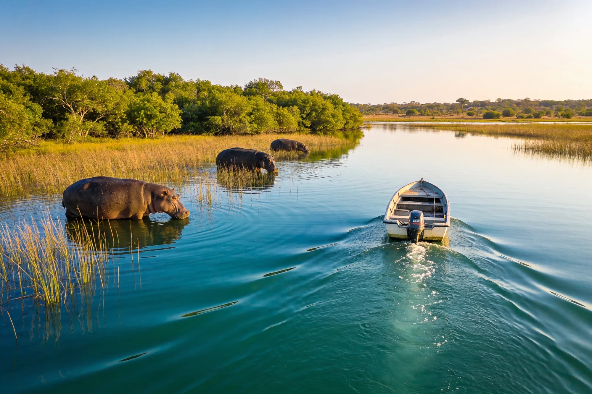 Hippos and crocodiles by boat