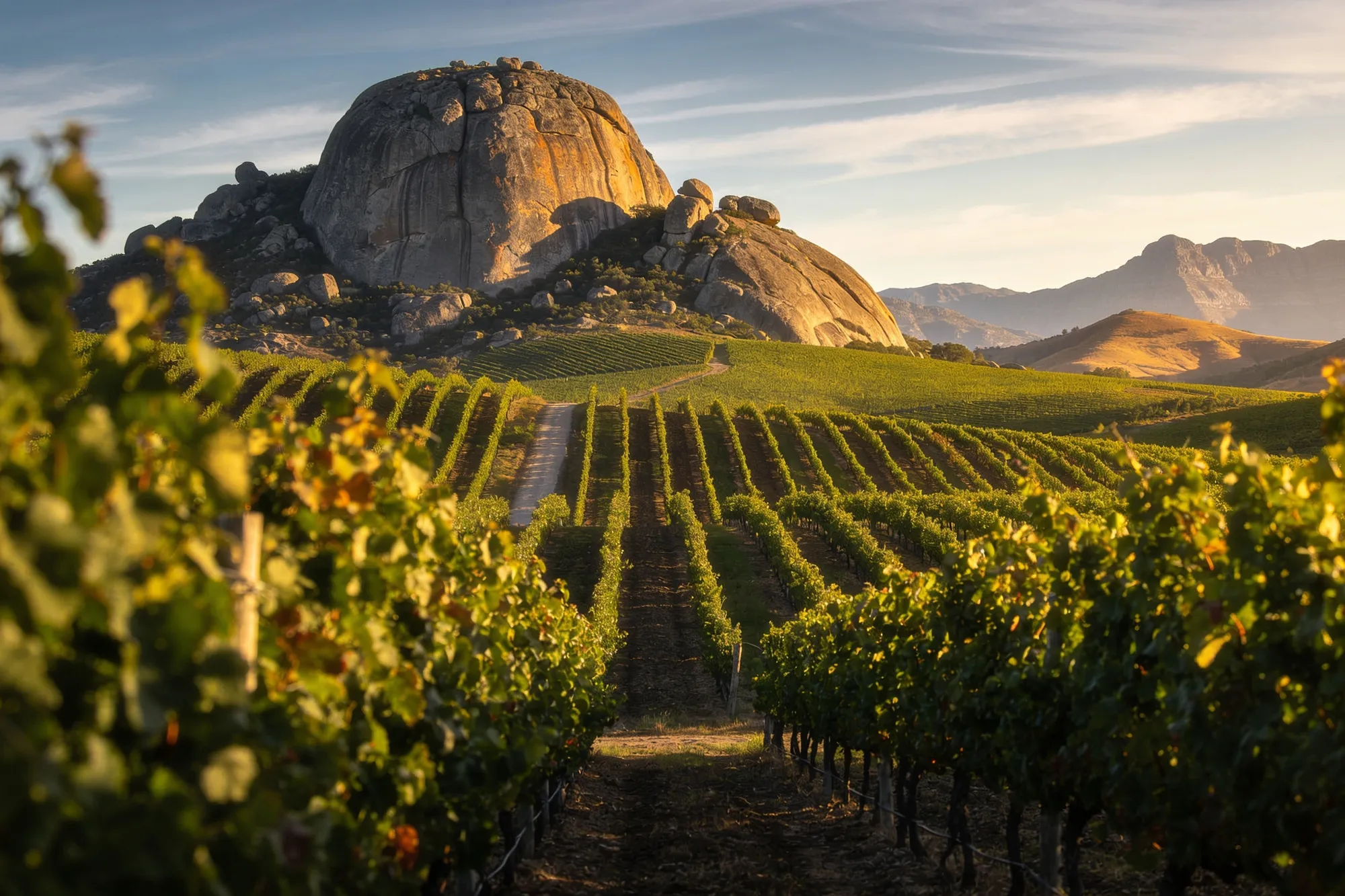 The granite domes of Paarl Rock above the Drakenstein vineyards