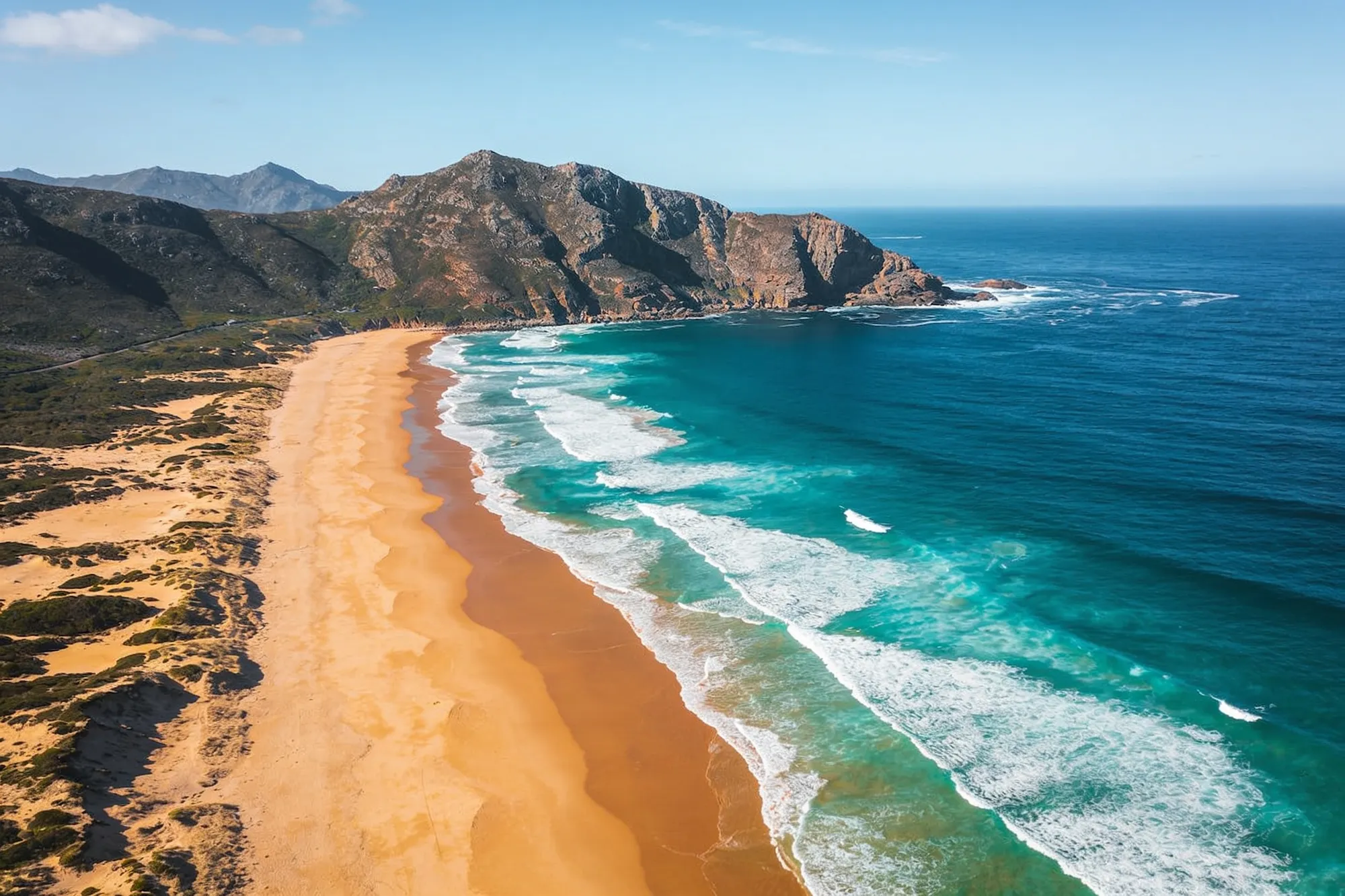The beach and Robberg peninsula at Plettenberg Bay seen from above