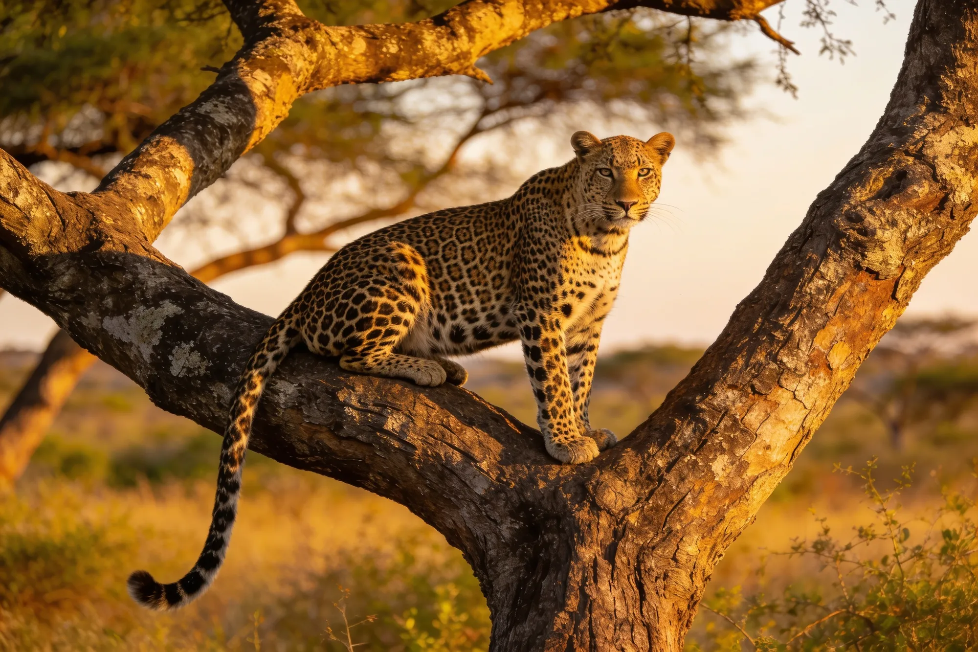 A leopard resting in a tree at dusk in the Sabi Sand private reserve