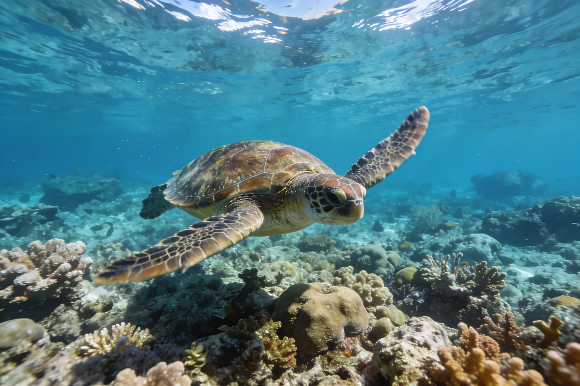 Photo — A turtle over the coral