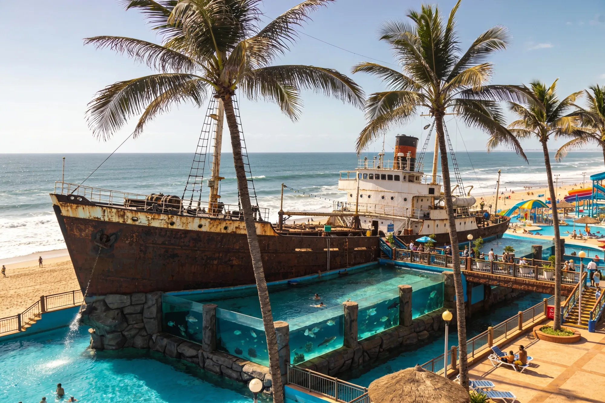 The mock shipwreck and aquarium of uShaka Marine World on the Durban beachfront