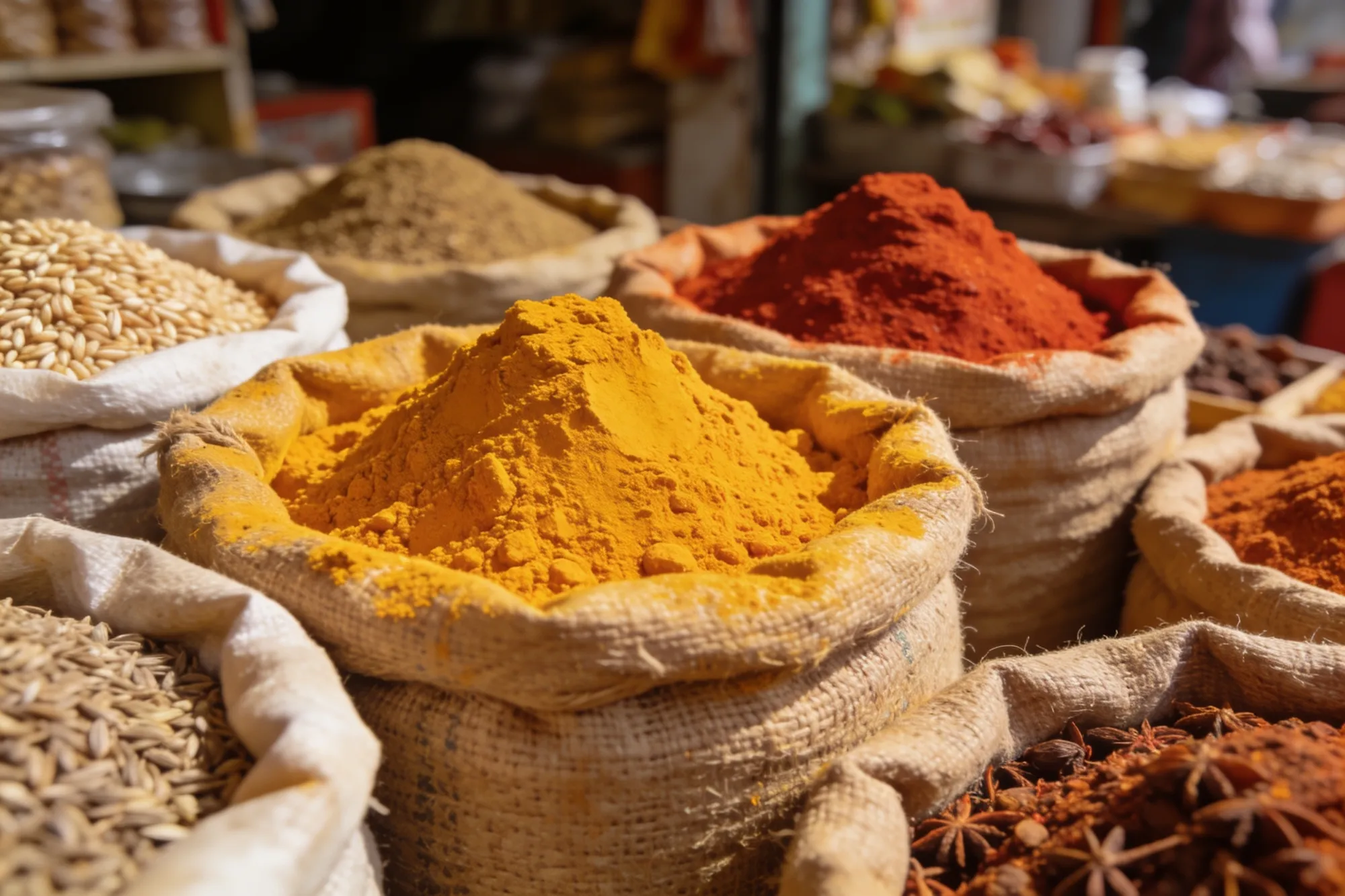 Photo — Open sacks of coloured spice