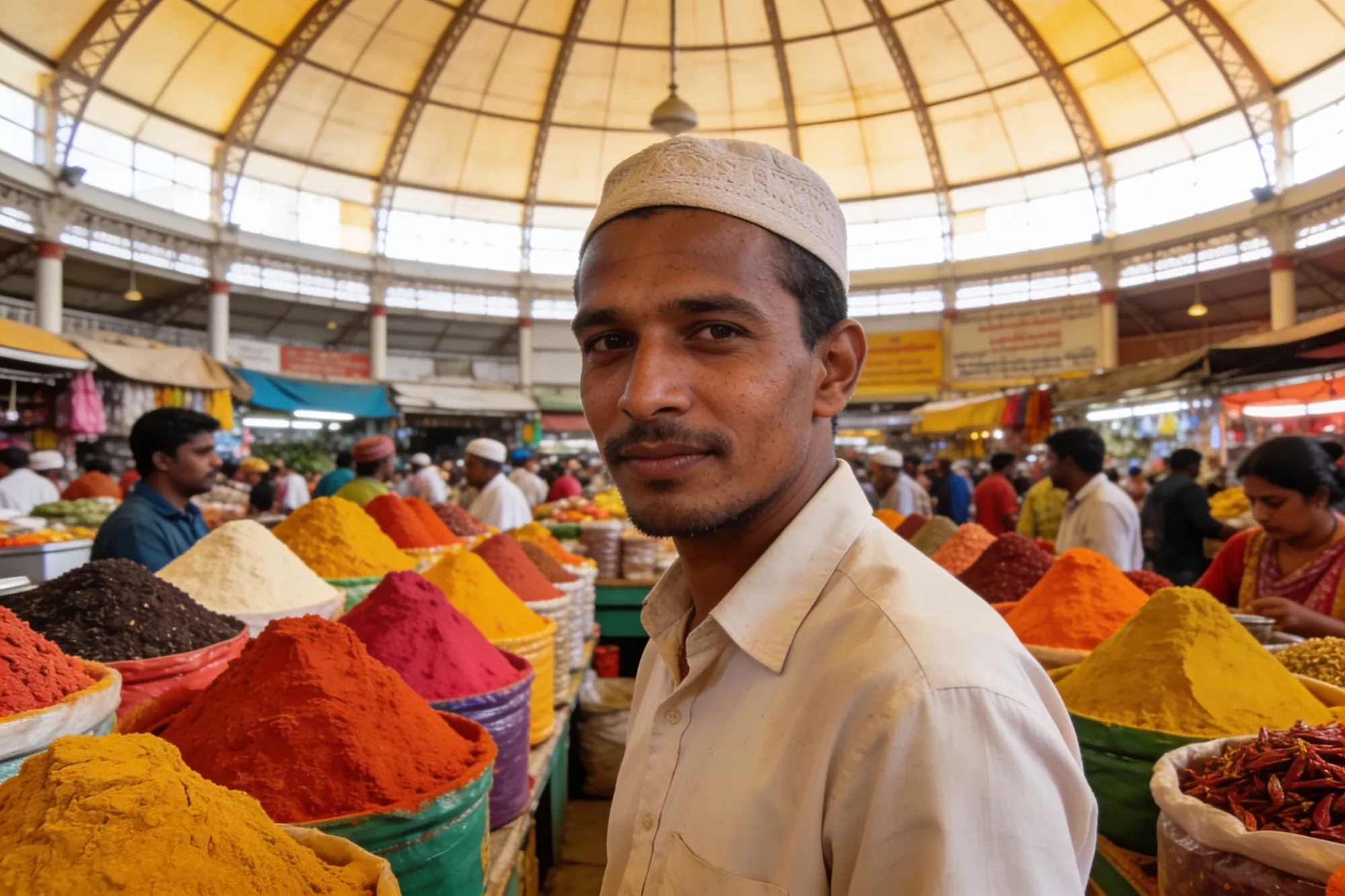 Spice stalls under the domed roof of Victoria Street Market in Durban