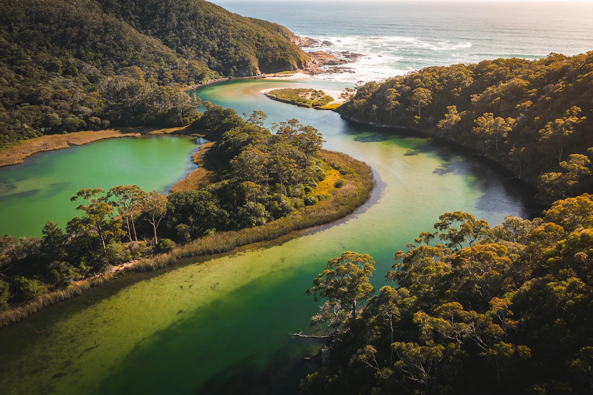 The lakes, river and forest at Wilderness seen from above